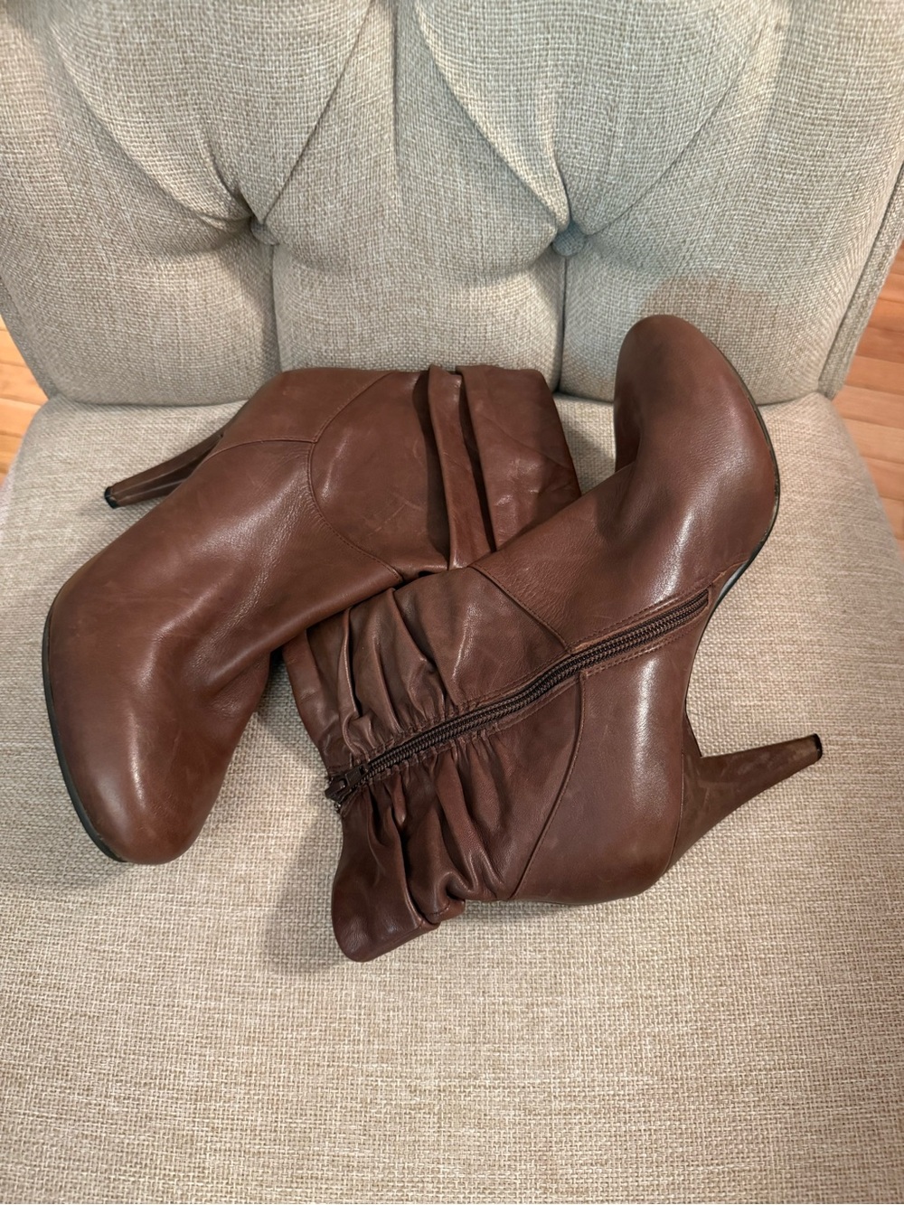 Women's Brown Buttery Leather Ruched Ankle Boots 4 inch heel 90s slouchy